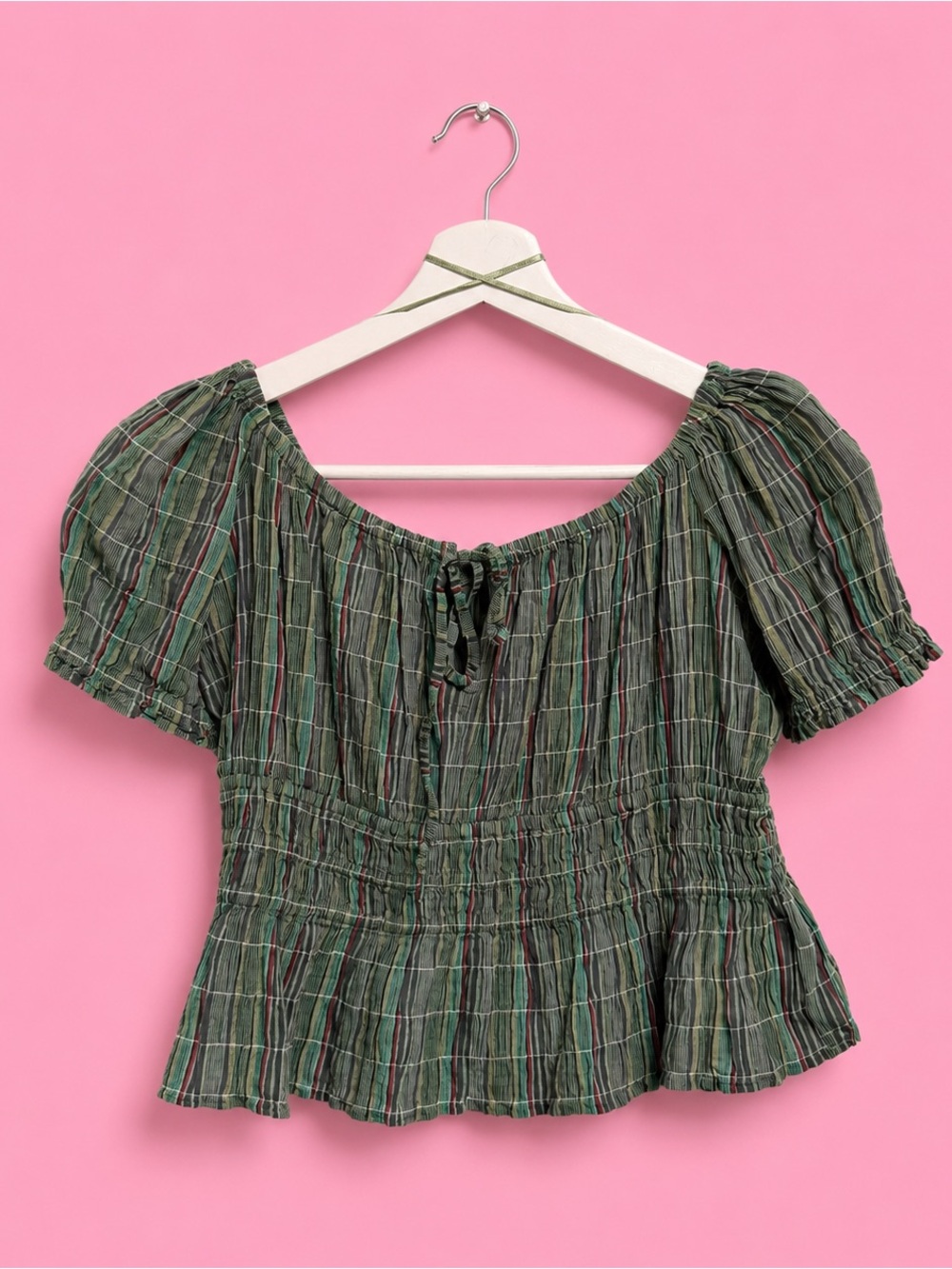 Free People Green Plaid Smocked Peasant Top